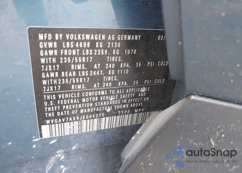 2018 Volkswagen Tiguan Limited 2.0T из США, поврежденный, VIN WVGAV7AX9JK004270